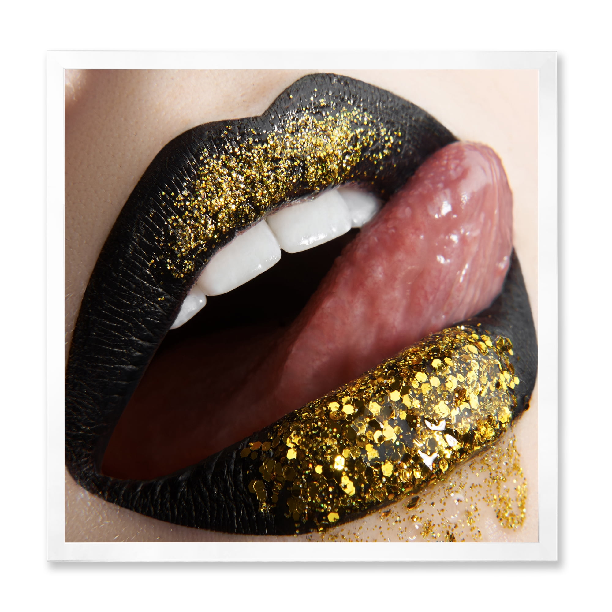 Designart 'Woman Lips Black Lipstick and Gold Sequins' Modern Framed Art Print
