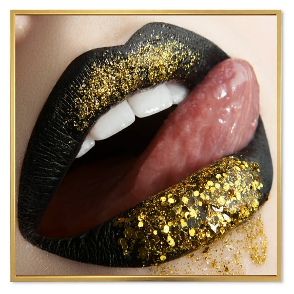 Designart 'Woman Lips Black Lipstick and Gold Sequins' Modern Framed Canvas Wall Art Print