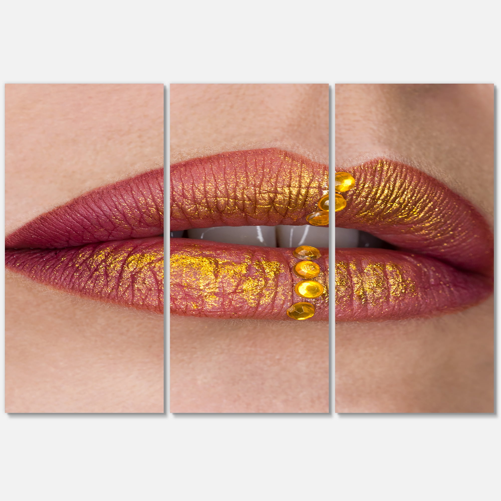 Designart ' Woman Lips Close-Up With Red Lipstick, Gold Paint ' Modern Canvas Wall Art Print