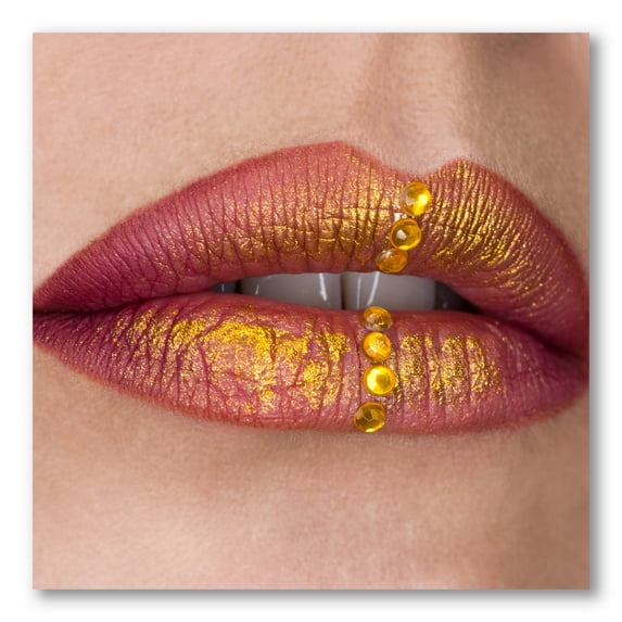 Designart ' Woman Lips Close-Up With Red Lipstick, Gold Paint ' Modern Canvas Wall Art Print