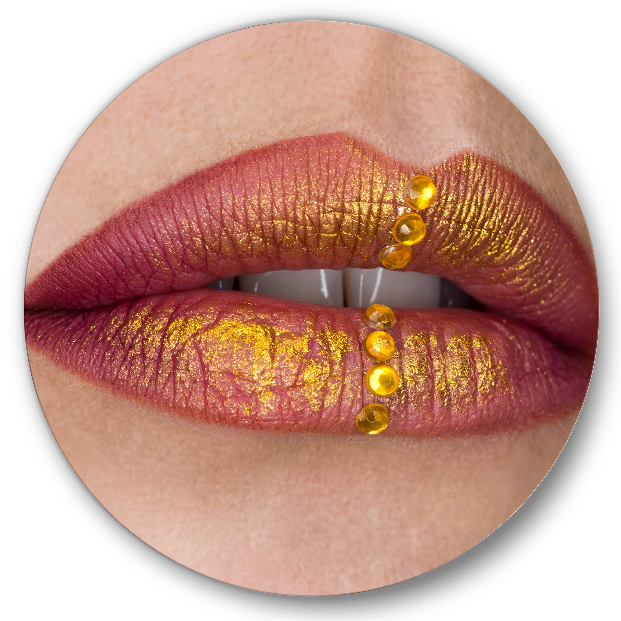 Designart 'Woman Lips Close-Up With Red Lipstick, Gold Paint' Modern Circle Metal Wall Art 36x36 - Disc of 36