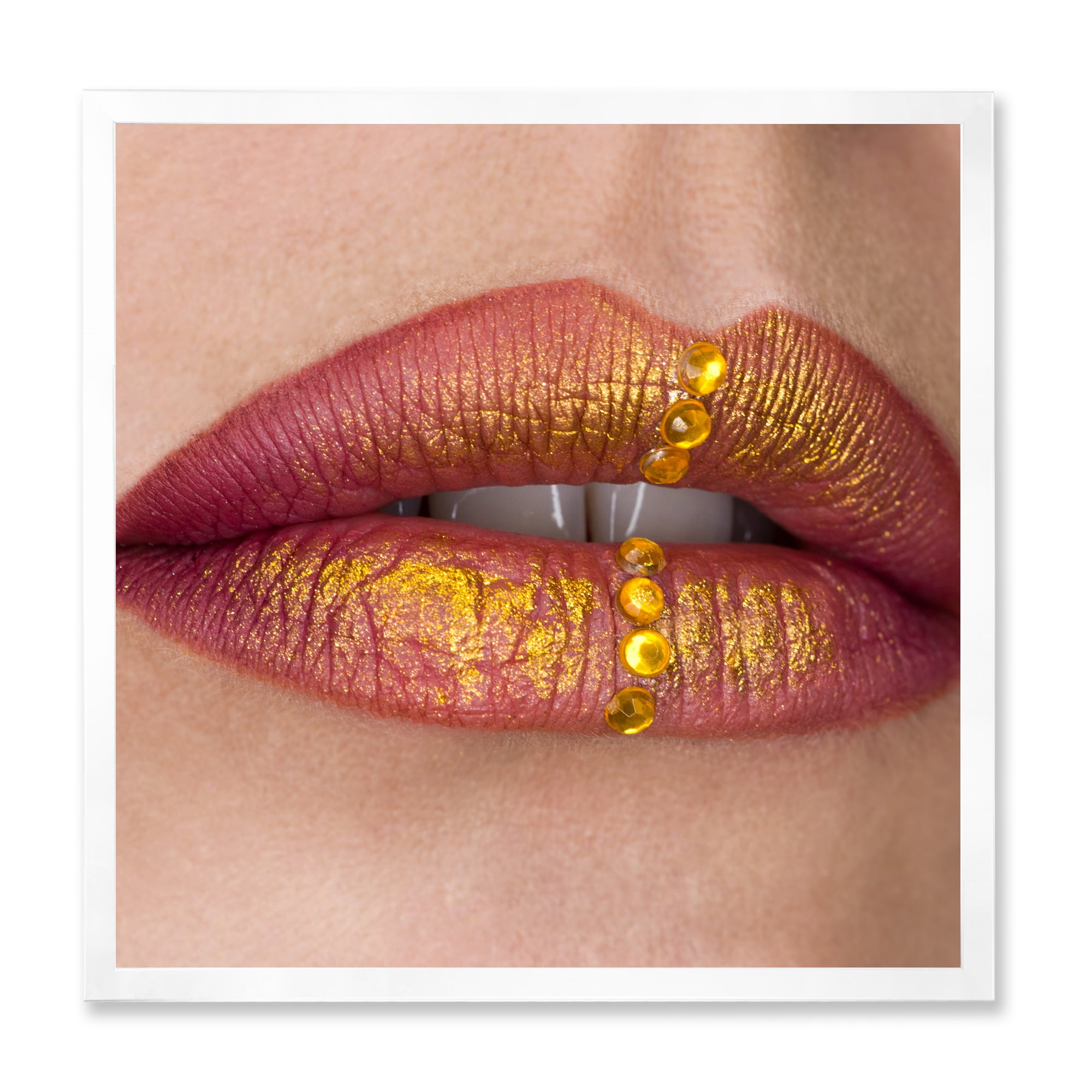 Designart 'Woman Lips Close-Up With Red Lipstick, Gold Paint' Modern Framed Art Print