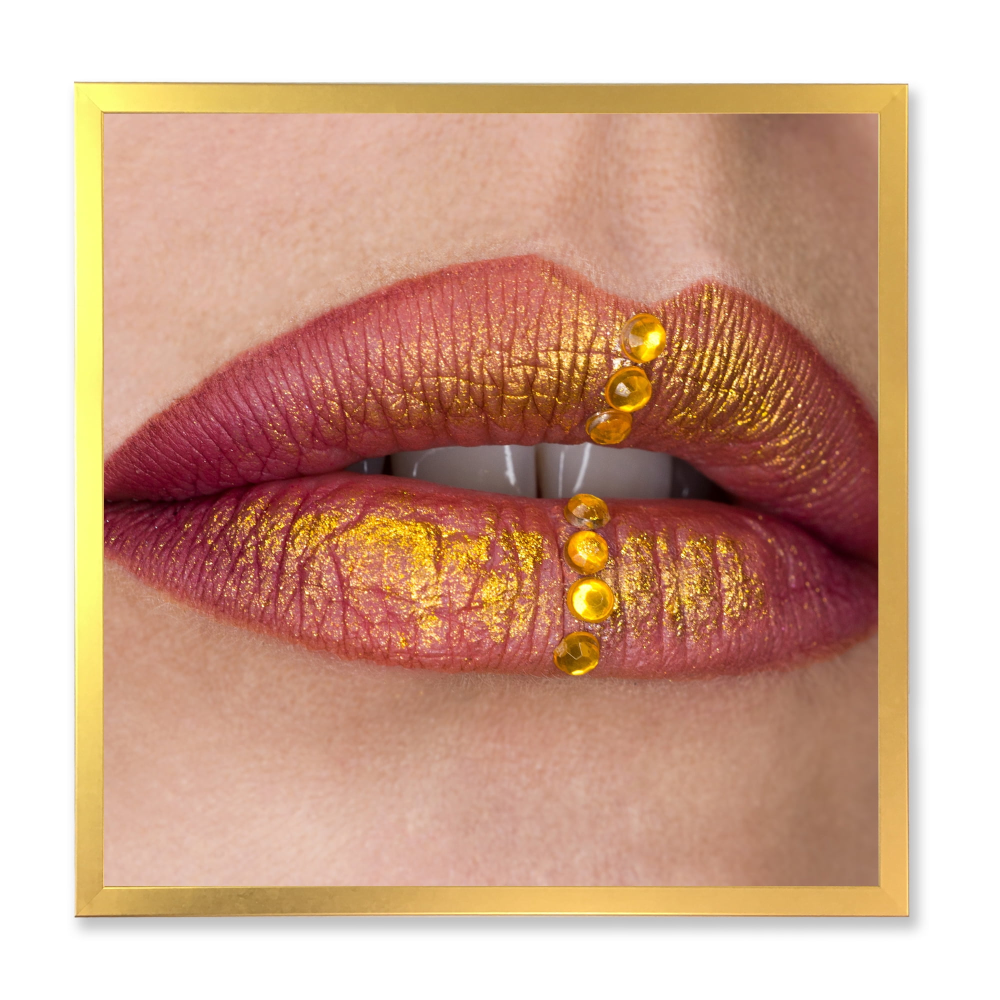 Designart 'Woman Lips Close-Up With Red Lipstick, Gold Paint' Modern Framed Art Print