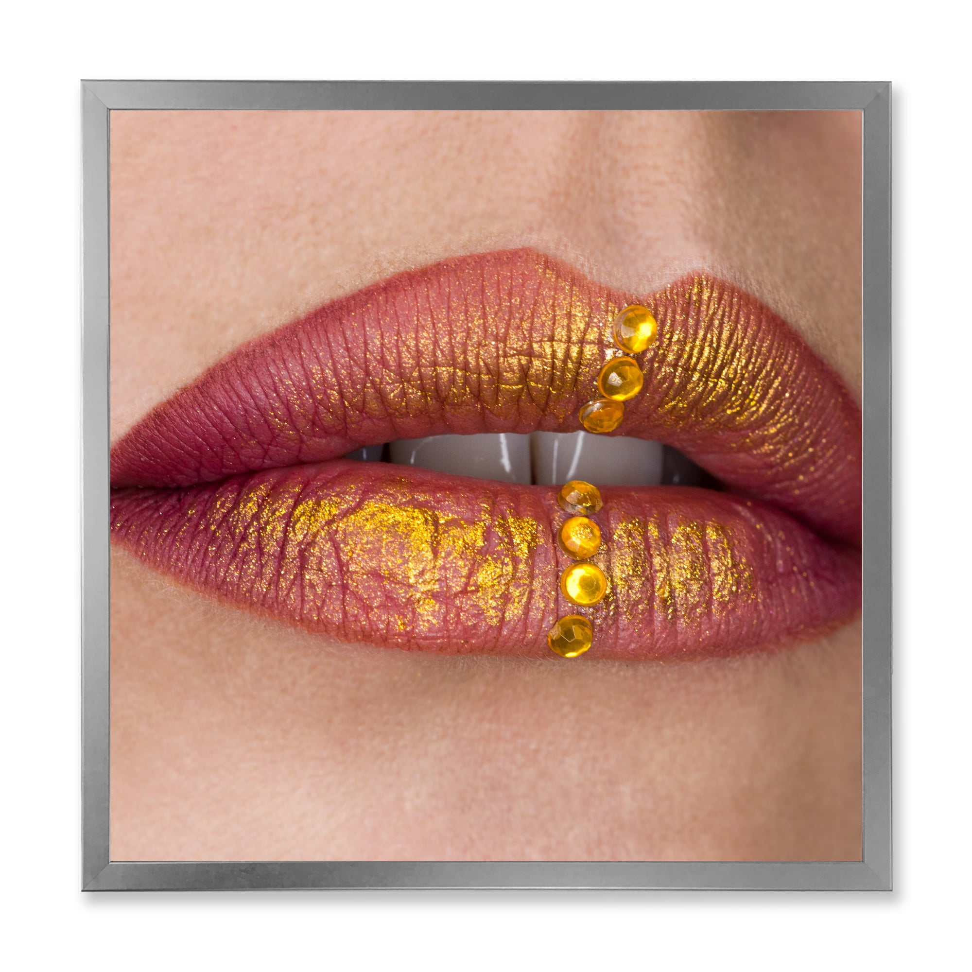 Designart 'Woman Lips Close-Up With Red Lipstick, Gold Paint' Modern Framed Art Print