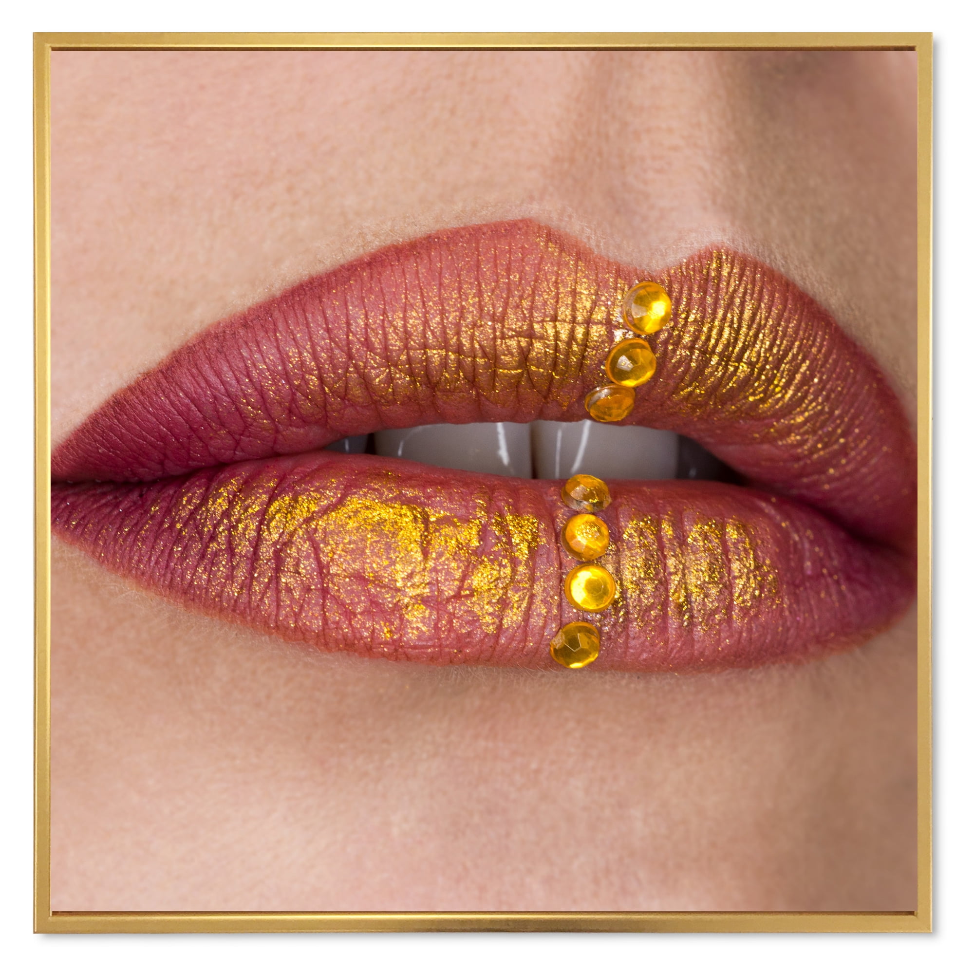 Designart 'Woman Lips Close-Up With Red Lipstick, Gold Paint' Modern Framed Canvas Wall Art Print