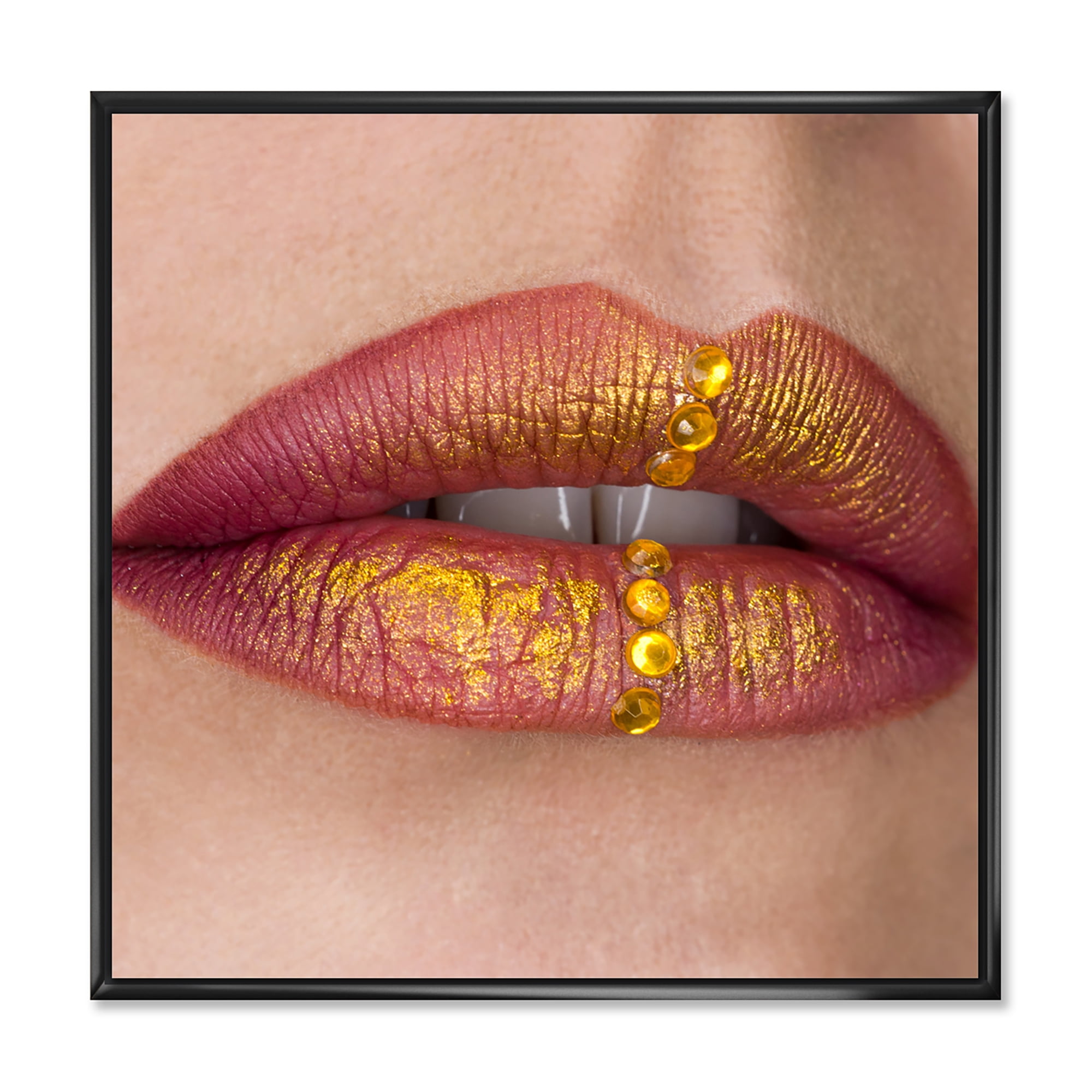 Designart 'Woman Lips Close-Up With Red Lipstick, Gold Paint' Modern Framed Canvas Wall Art Print