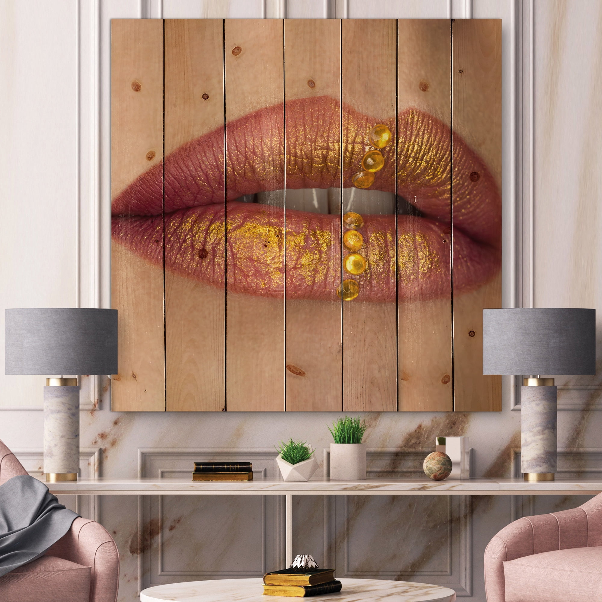 Designart 'Woman Lips Close-Up With Red Lipstick, Gold Paint' Modern Print on Natural Pine Wood