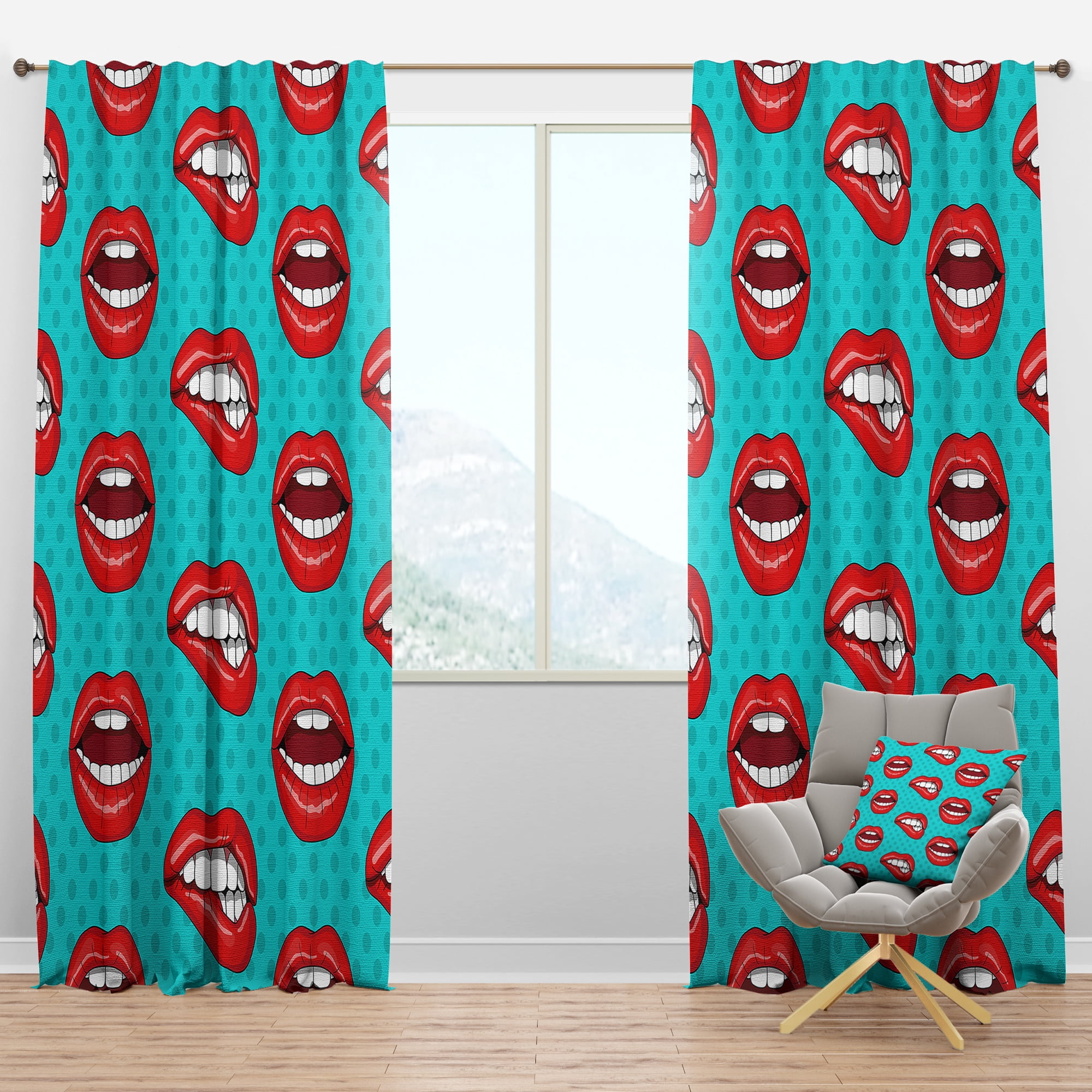 Designart 'Woman Lips Pattern in Retro Pop Art Style' Modern Blackout Curtain Panel