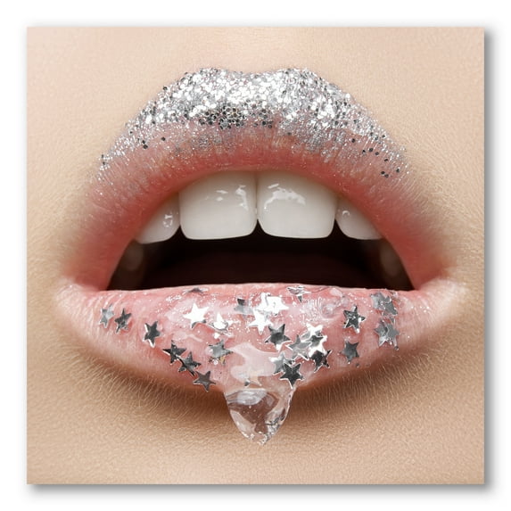 Designart ' Woman Lips With A Gel On The Lips & Stars ' Modern Canvas Wall Art Print