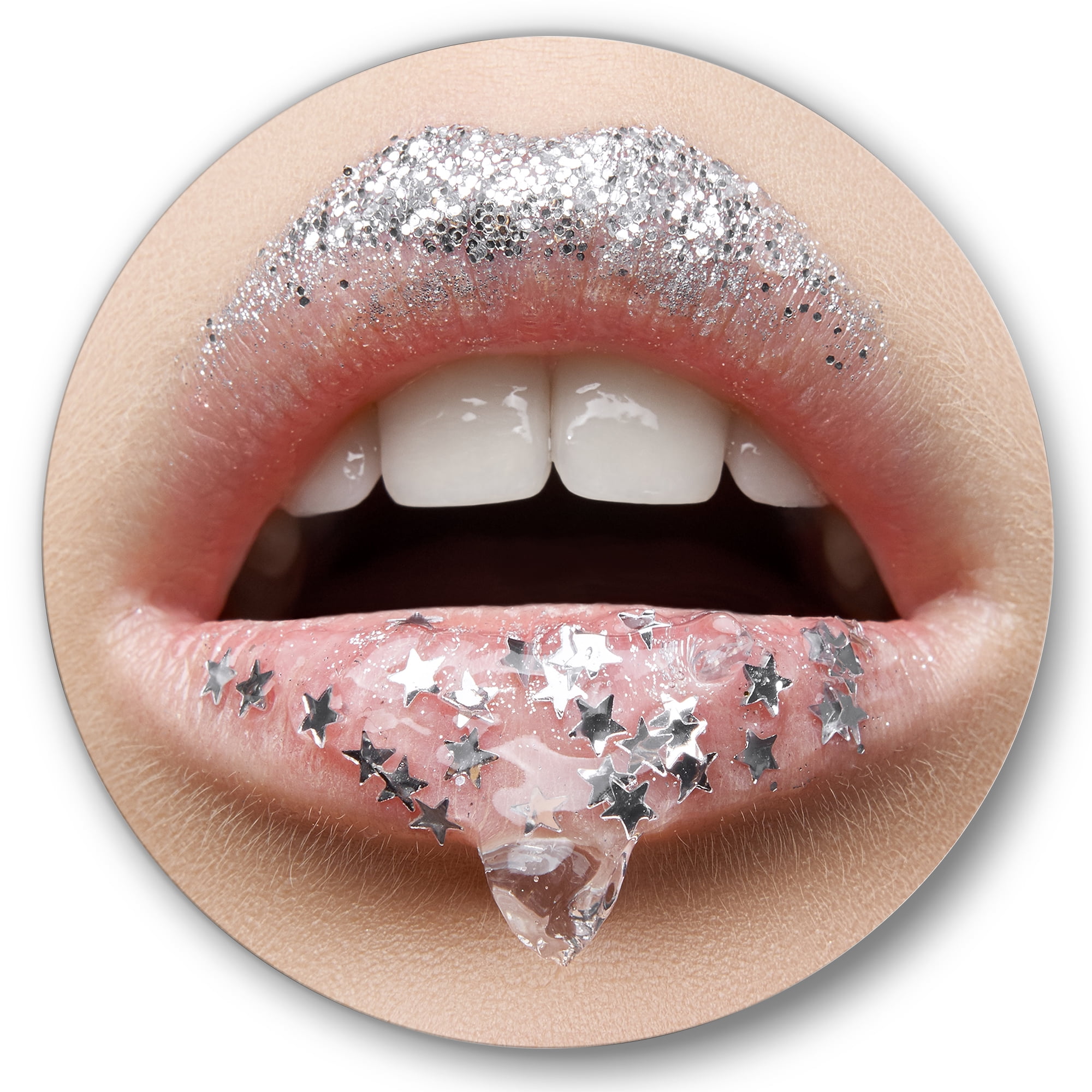 Designart 'Woman Lips With A Gel On The Lips & Stars' Modern Circle Metal Wall Art 36x36 - Disc of 36