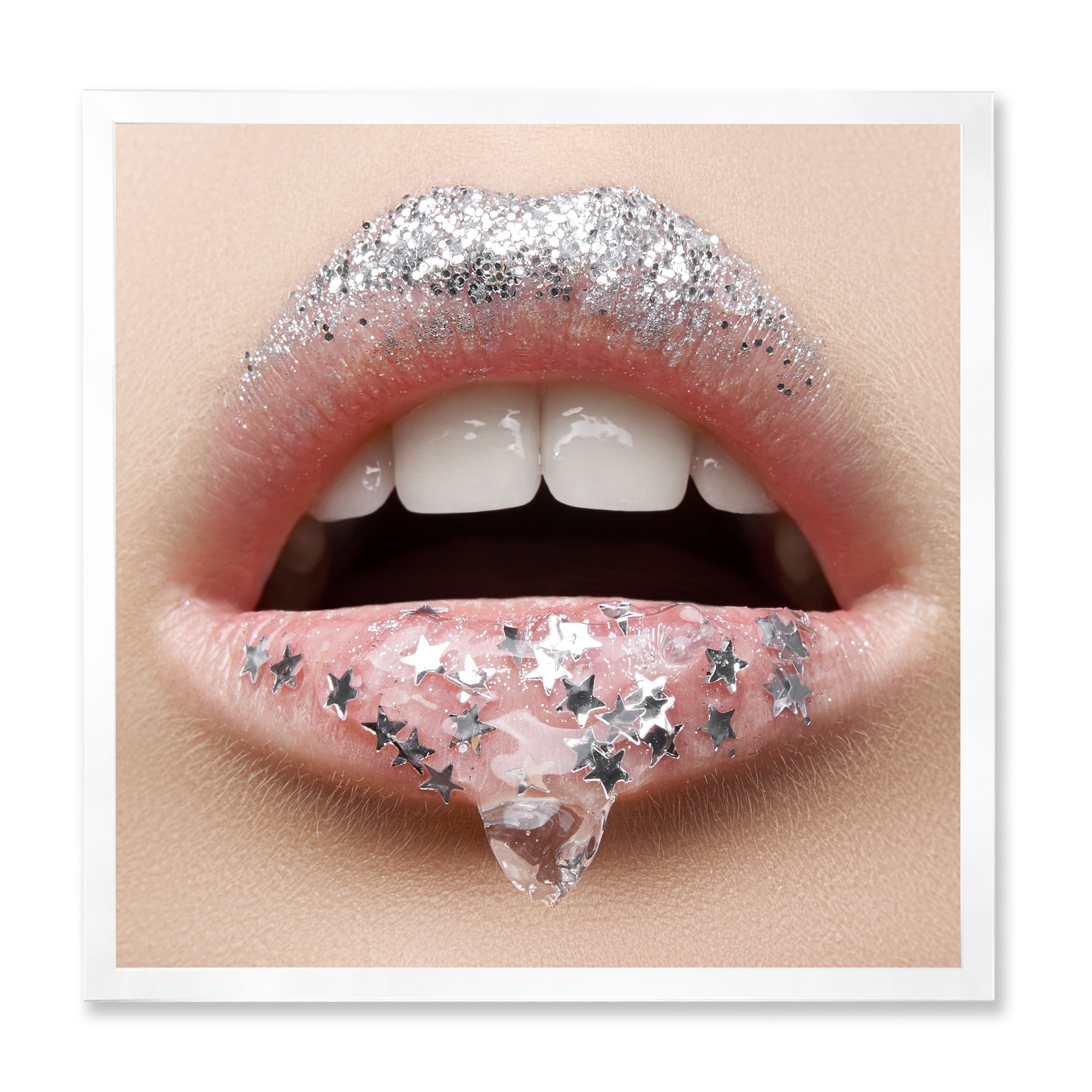 Designart 'Woman Lips With A Gel On The Lips & Stars' Modern Framed Art Print