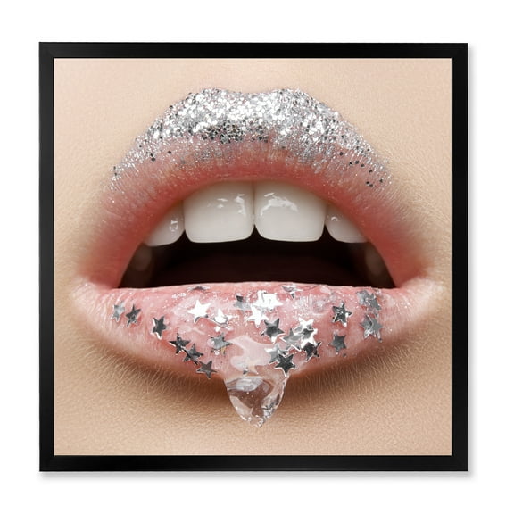 Designart 'Woman Lips With A Gel On The Lips & Stars' Modern Framed Art Print