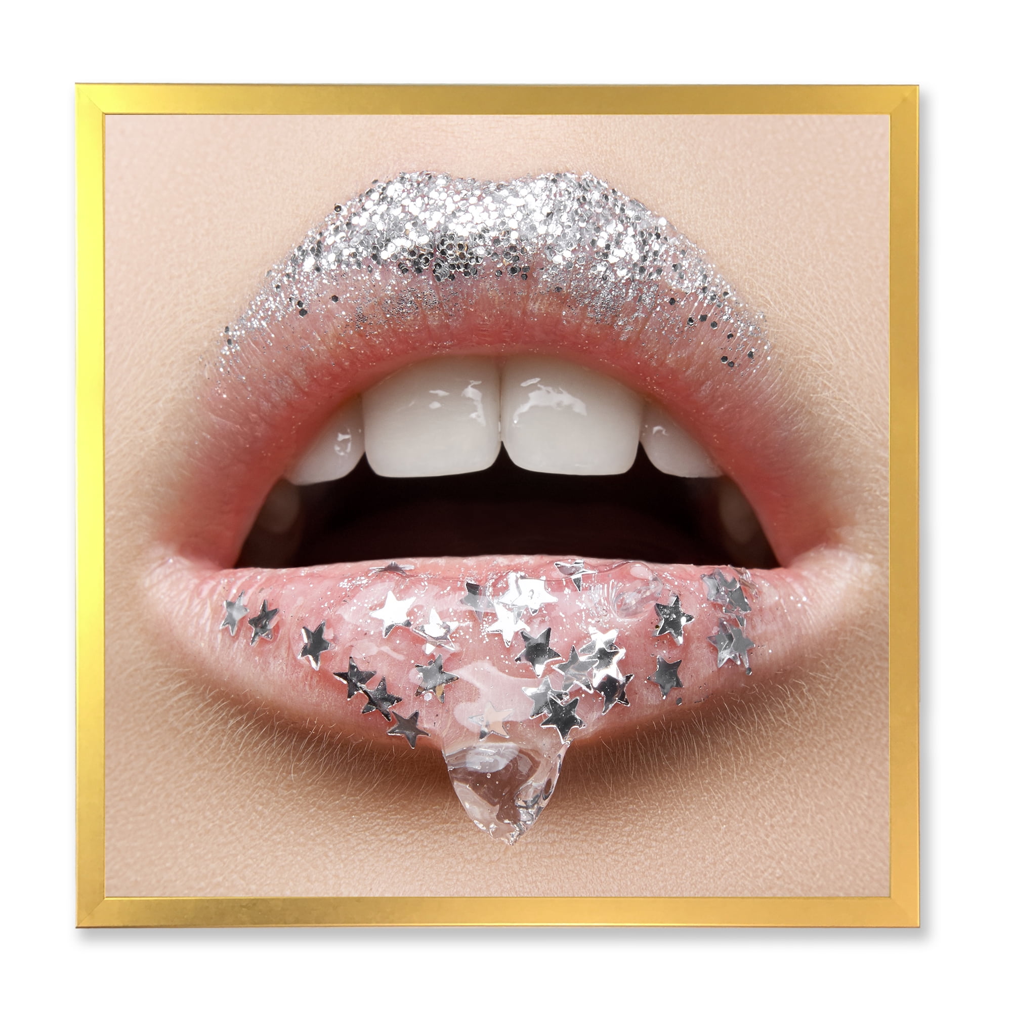 Designart 'Woman Lips With A Gel On The Lips & Stars' Modern Framed Art Print