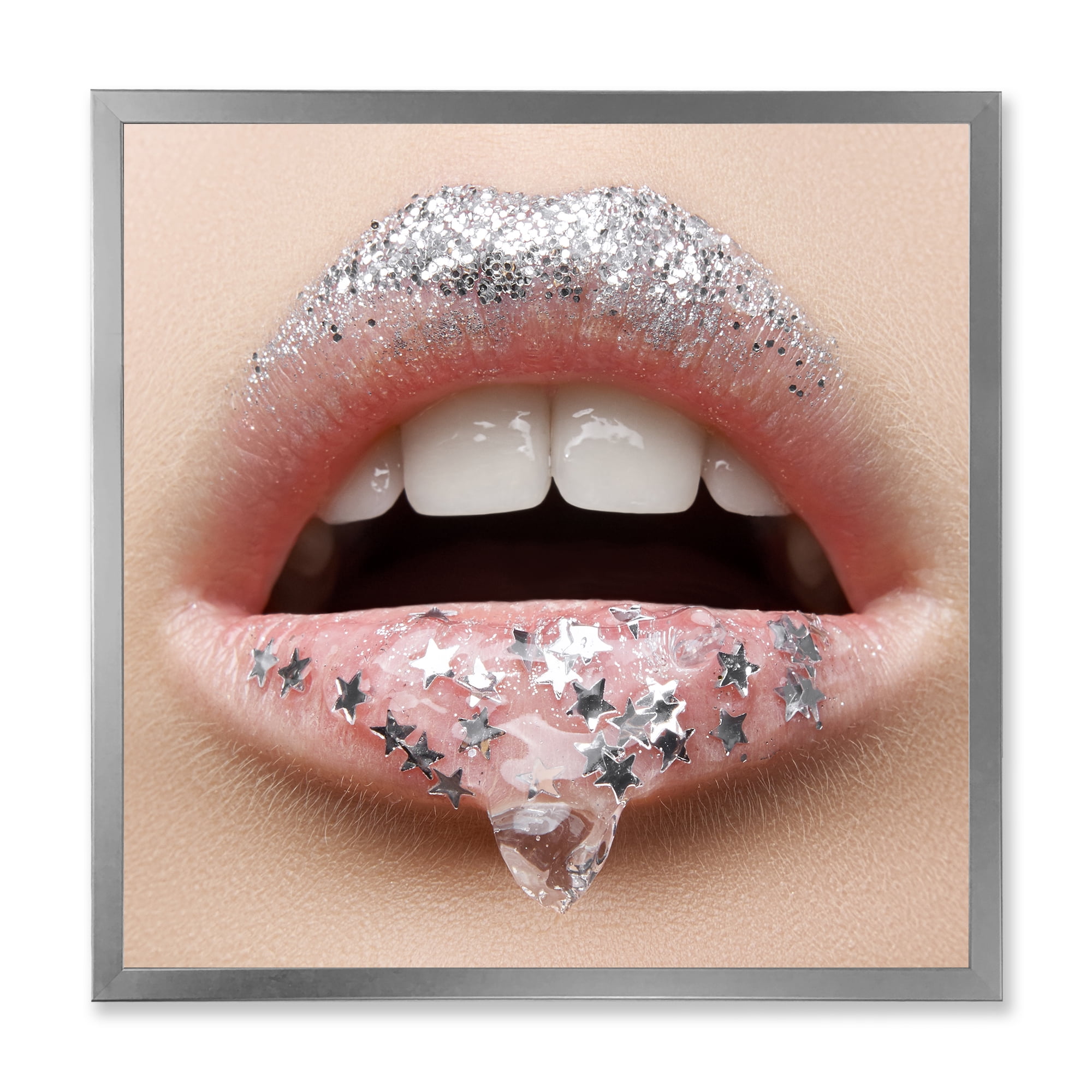 Designart 'Woman Lips With A Gel On The Lips & Stars' Modern Framed Art Print