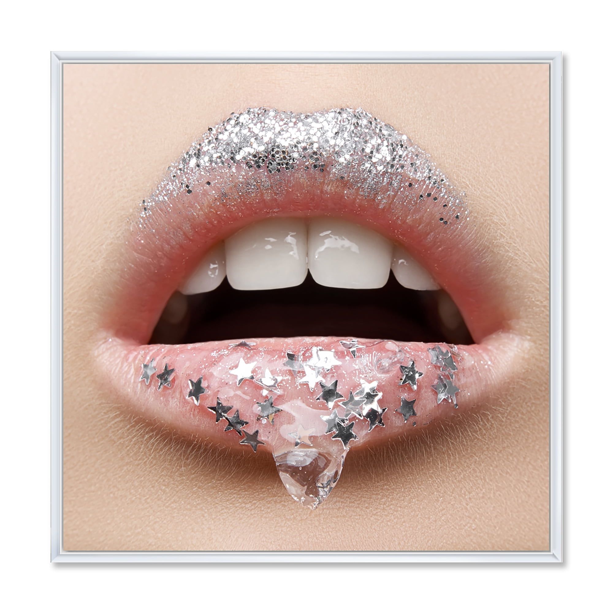 Designart 'Woman Lips With A Gel On The Lips & Stars' Modern Framed Canvas Wall Art Print