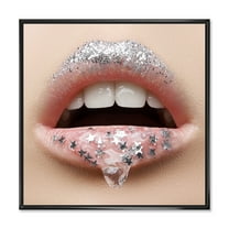 Designart 'Woman Lips With A Gel On The Lips & Stars' Modern Framed Canvas Wall Art Print