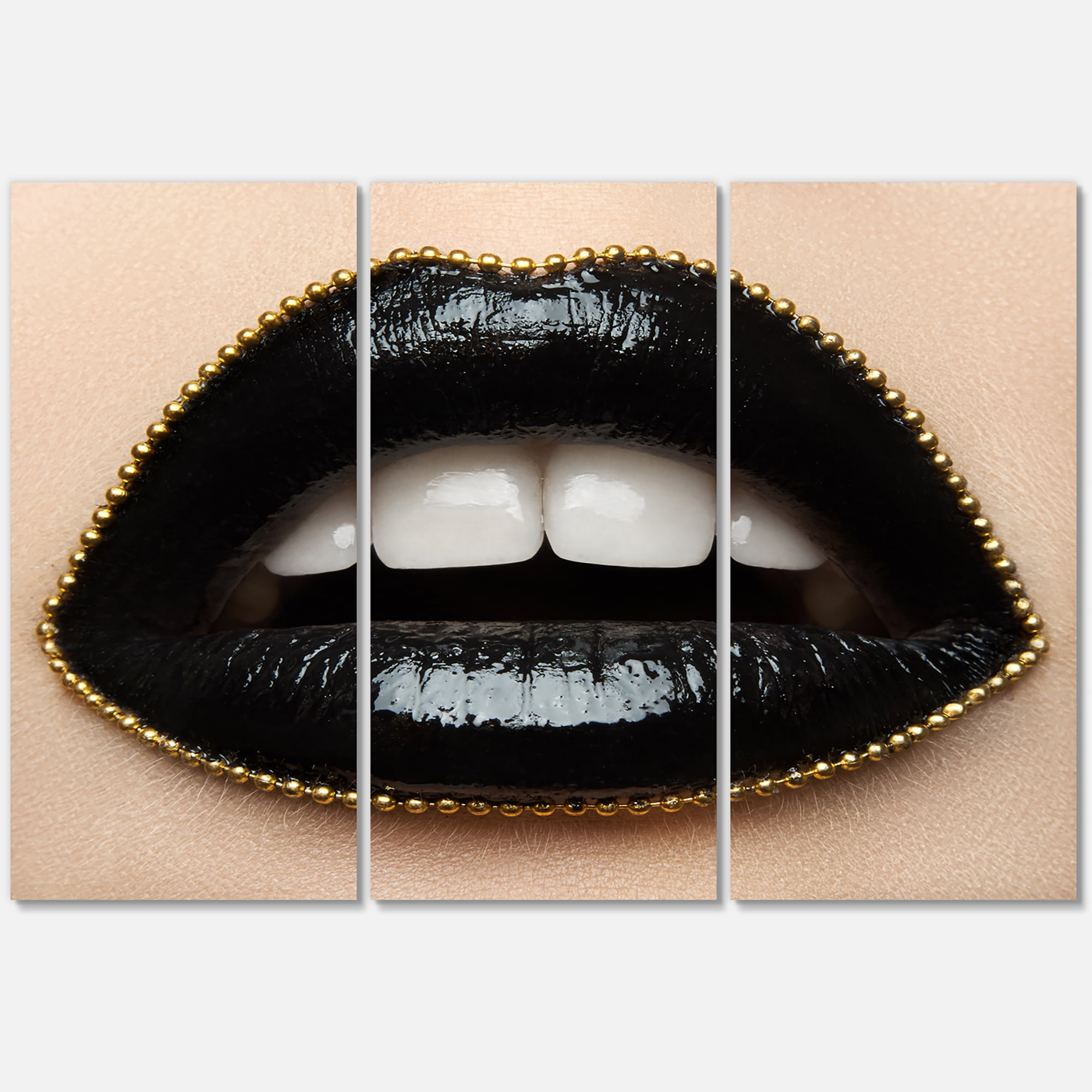 Designart ' Woman Lips With Black Lipstick & A Gold Chain ' Modern Canvas Wall Art Print