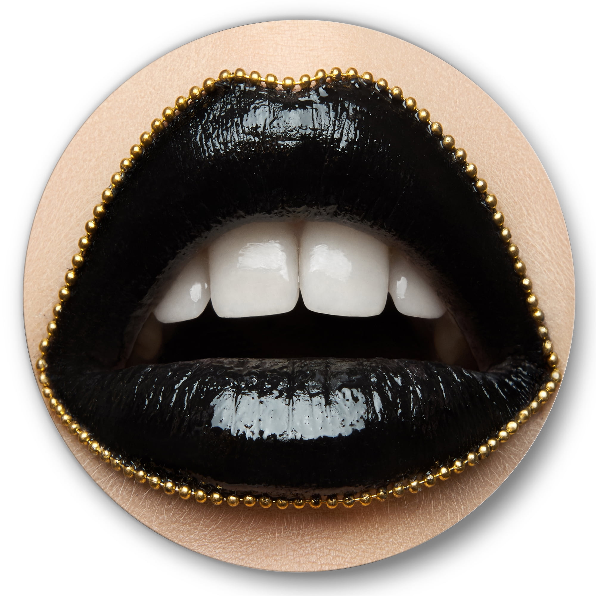 Designart 'Woman Lips With Black Lipstick & A Gold Chain' Modern Circle Metal Wall Art 36x36 - Disc of 36