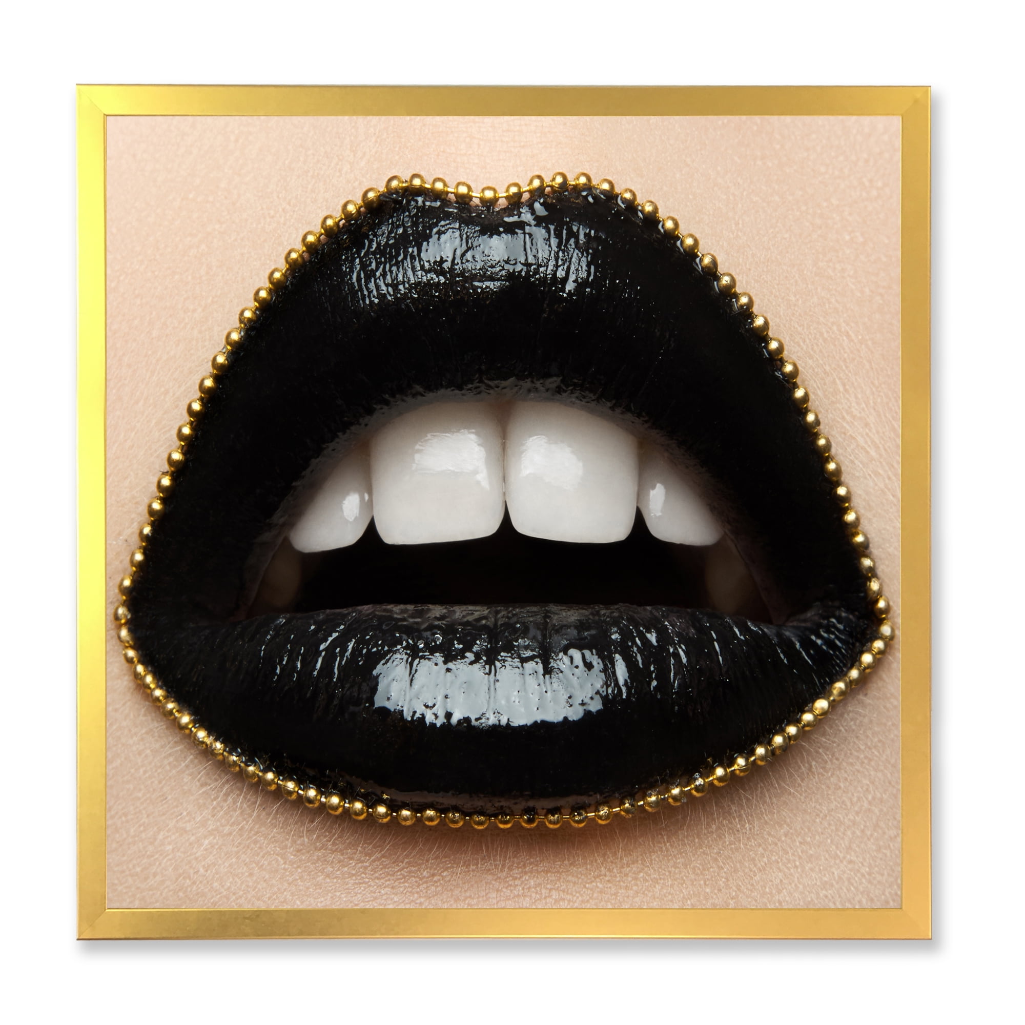 Designart 'Woman Lips With Black Lipstick & A Gold Chain' Modern Framed Art Print