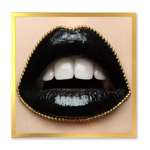 Designart 'Woman Lips With Black Lipstick & A Gold Chain' Modern Framed Art Print