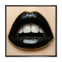 Designart 'Woman Lips With Black Lipstick & A Gold Chain' Modern Framed Canvas Wall Art Print