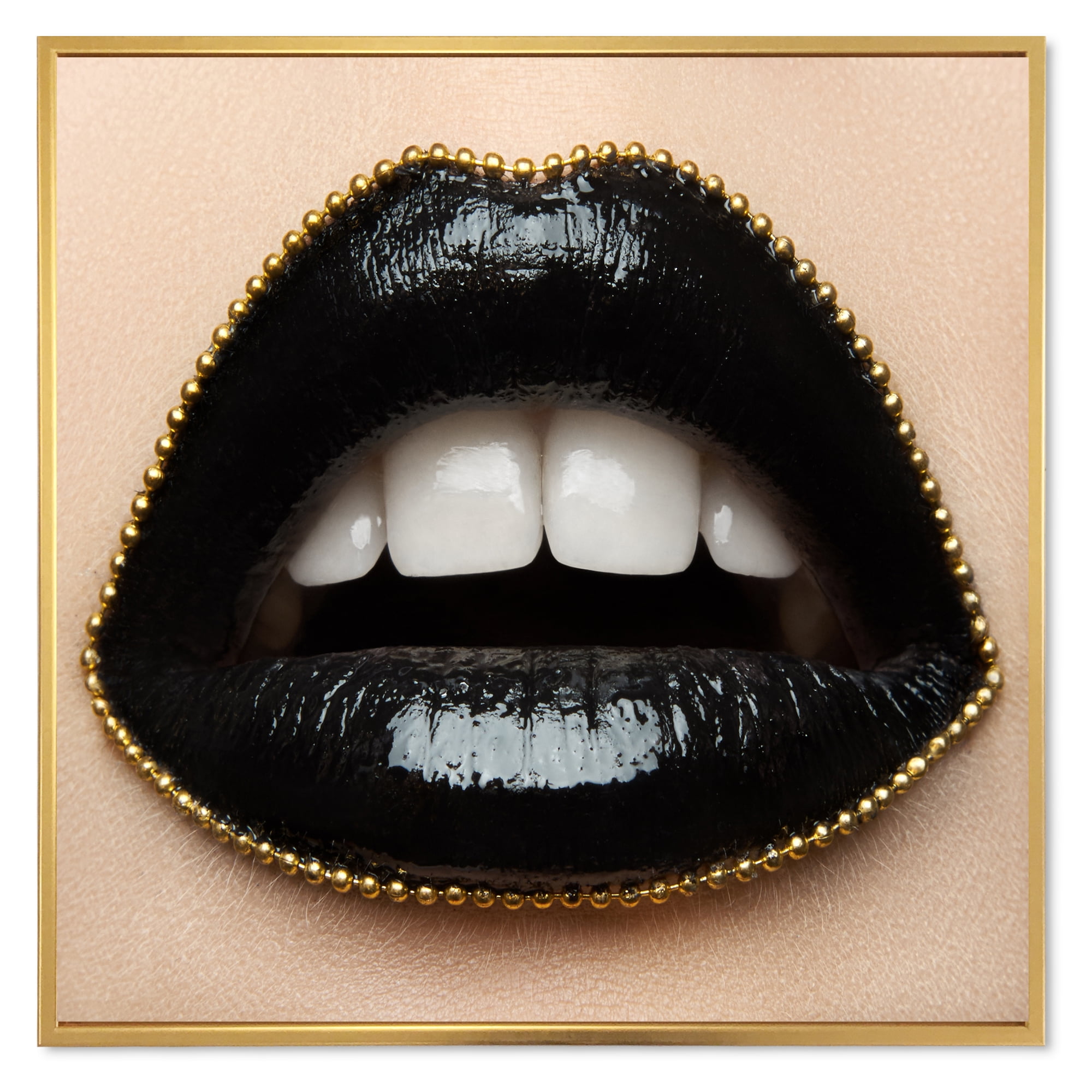 Designart 'Woman Lips With Black Lipstick & A Gold Chain' Modern Framed Canvas Wall Art Print