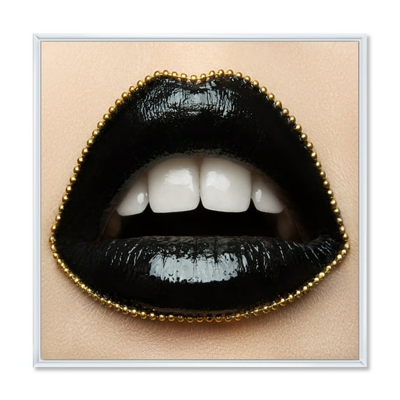 Designart 'Woman Lips With Black Lipstick & A Gold Chain' Modern Framed Canvas Wall Art Print