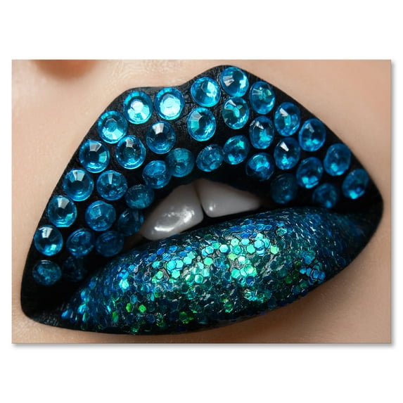 Designart ' Woman Lips With Black Lipstick Blue Diamonds ' Modern Canvas Wall Art Print