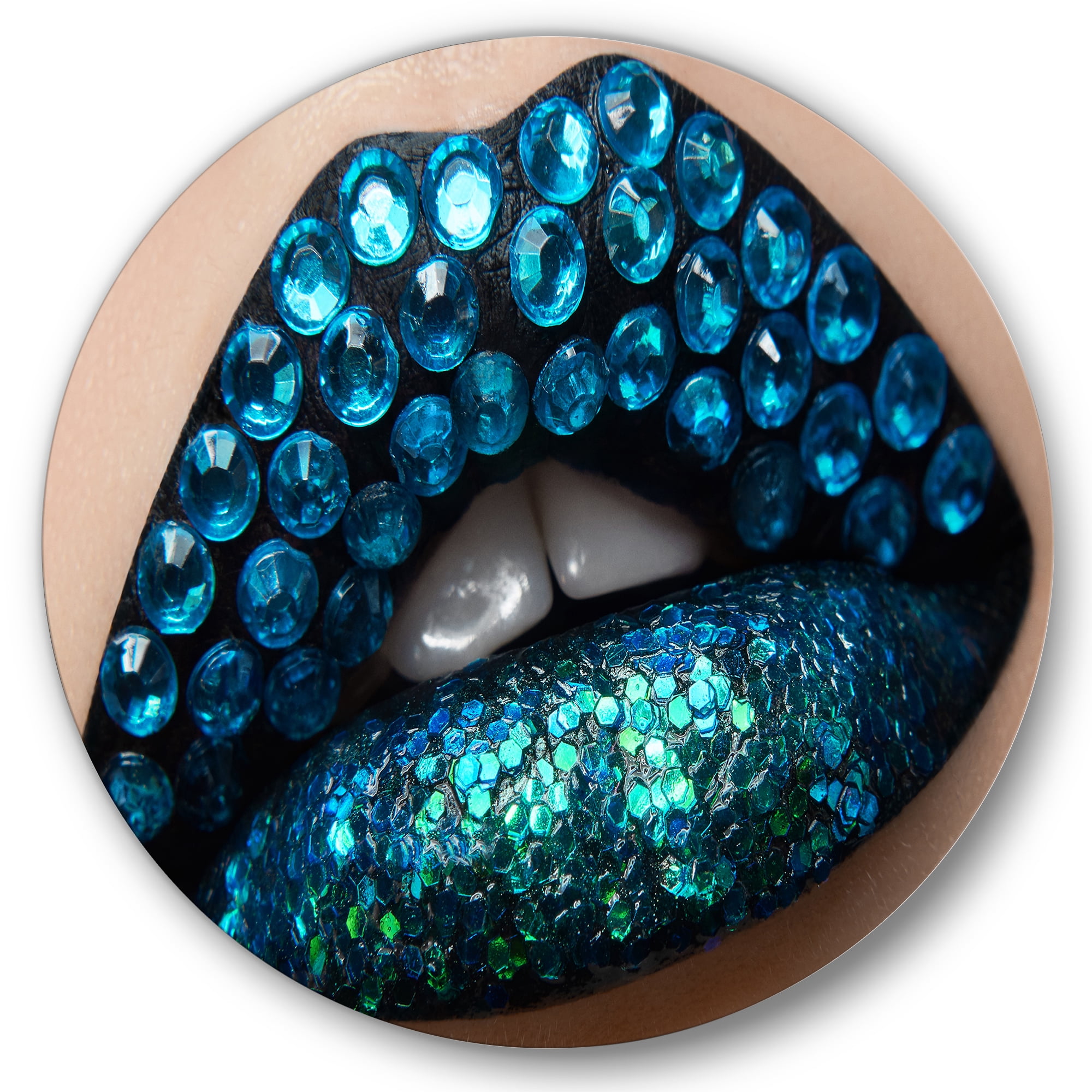 Designart 'Woman Lips With Black Lipstick Blue Diamonds' Modern Circle Metal Wall Art 11x11 - Disc of 11