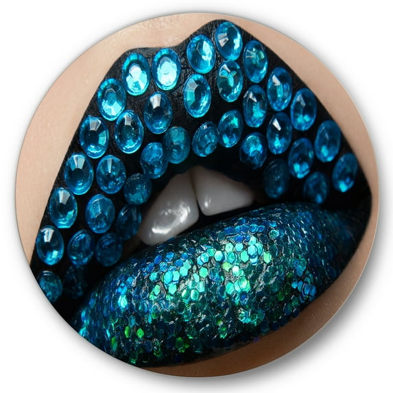 Designart 'Woman Lips With Black Lipstick Blue Diamonds' Modern Circle Metal Wall Art 23x23 - Disc of 23