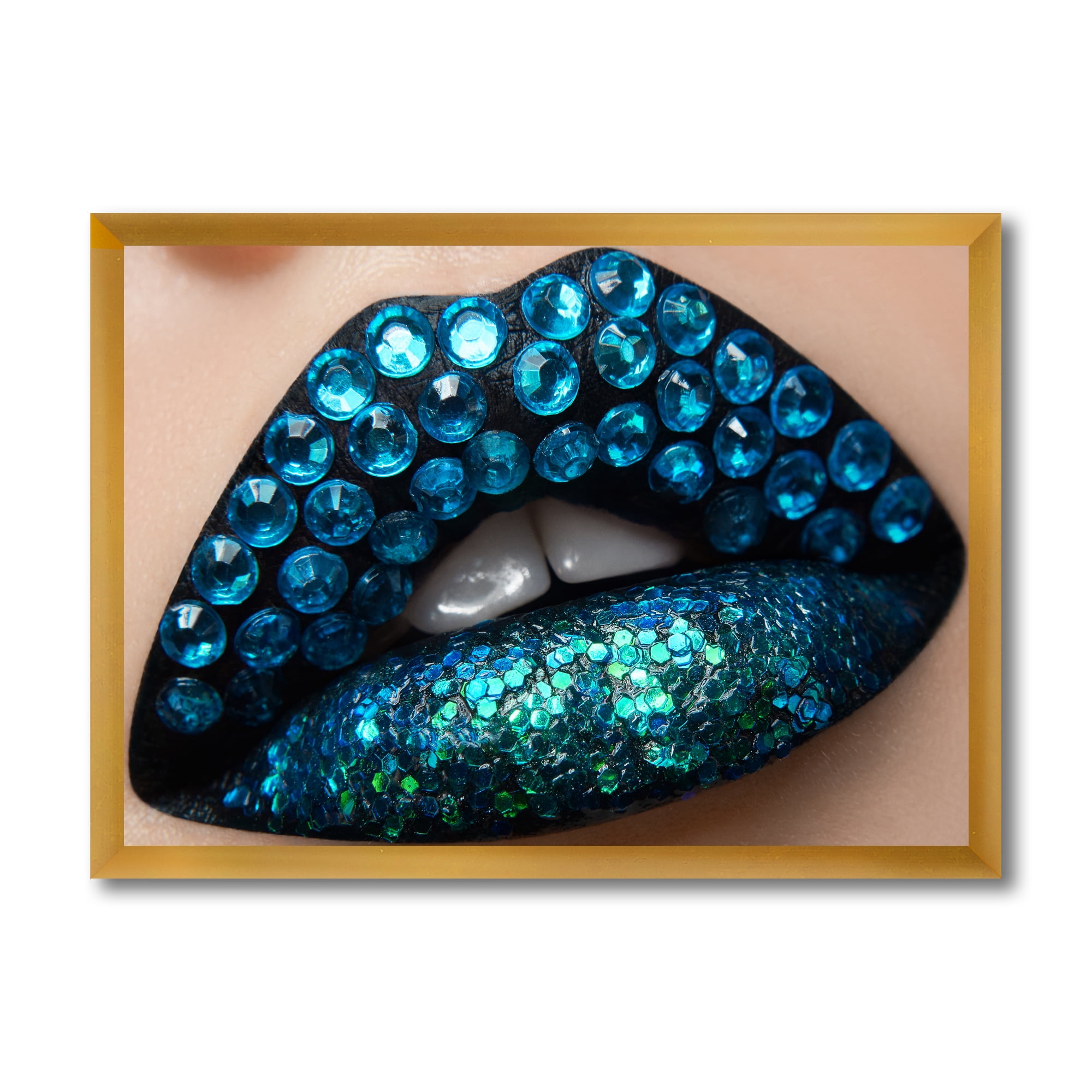 Designart 'Woman Lips With Black Lipstick Blue Diamonds' Modern Framed Art Print