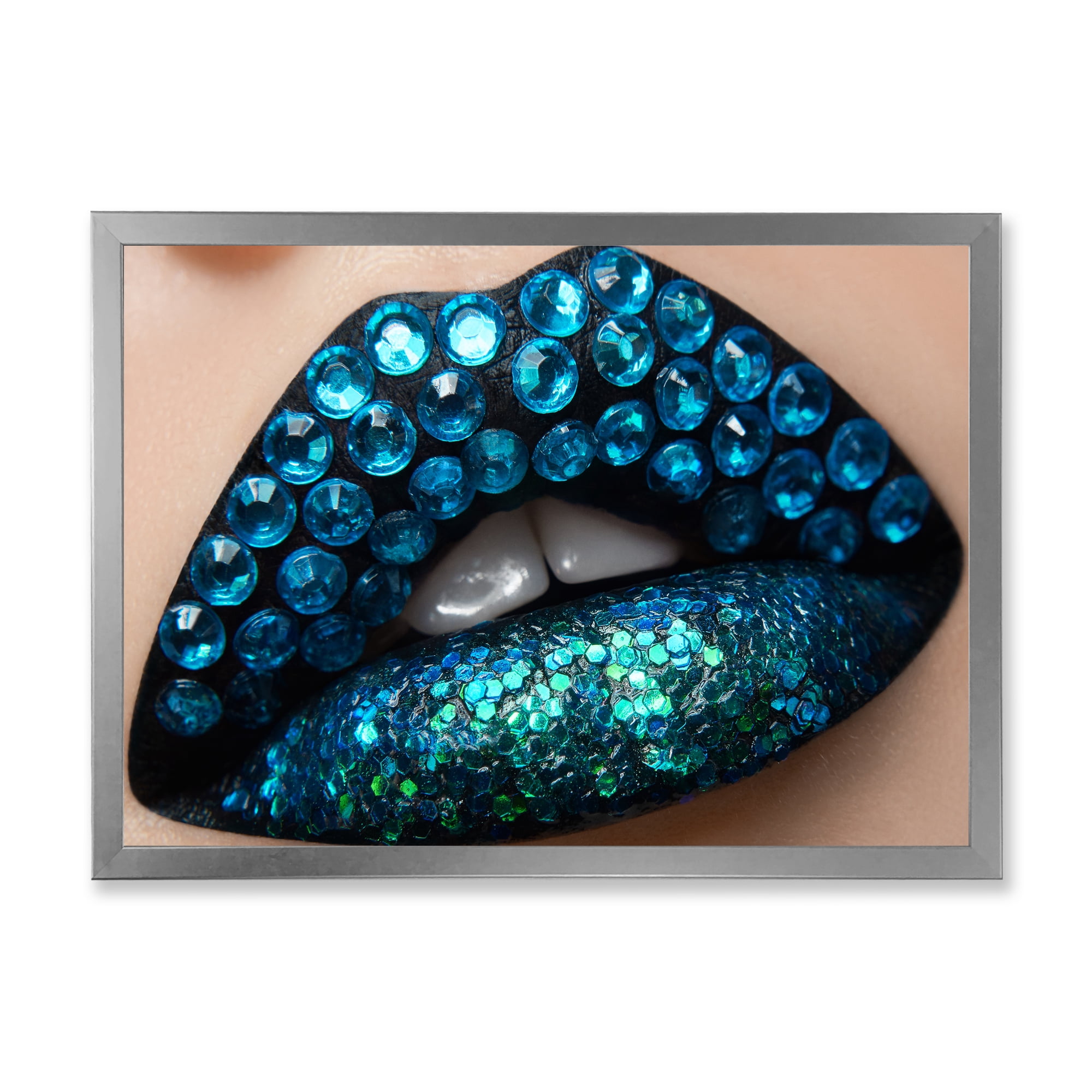 Designart 'Woman Lips With Black Lipstick Blue Diamonds' Modern Framed Art Print