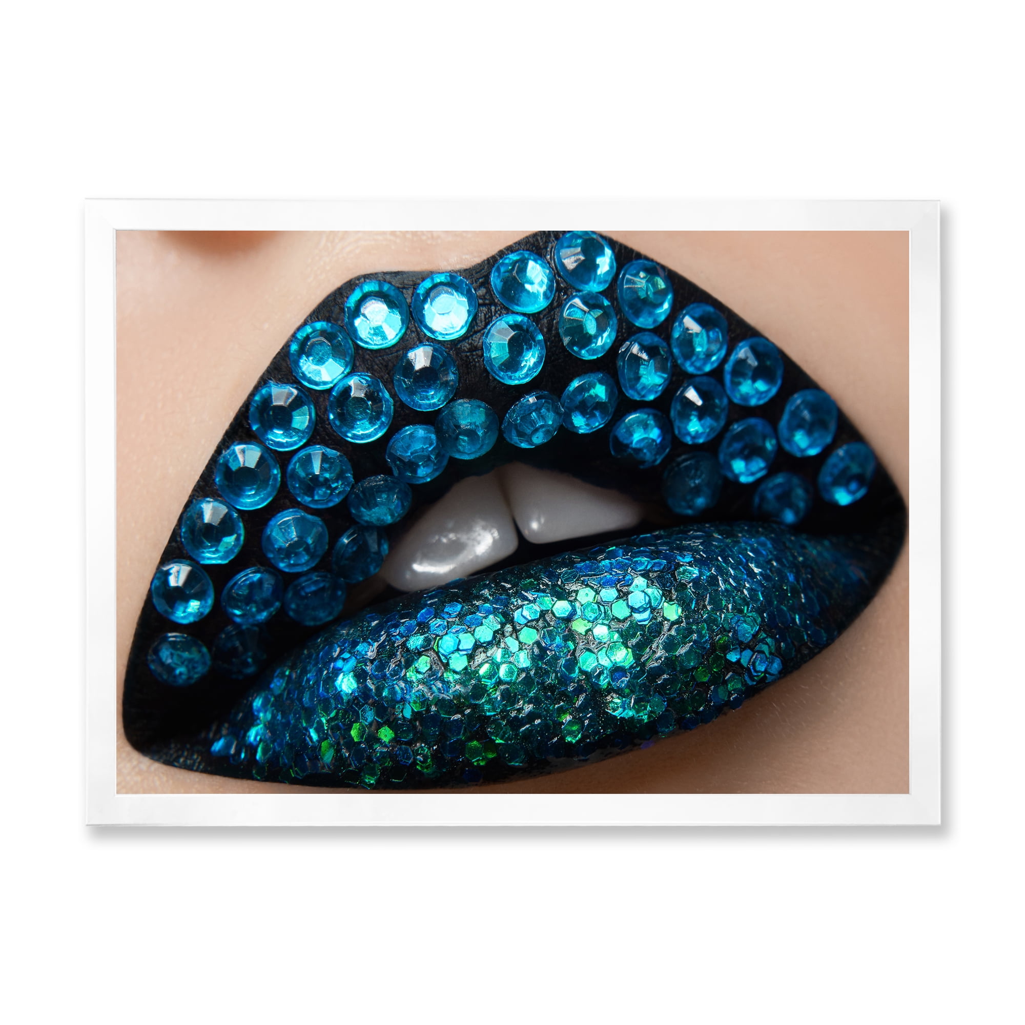 Designart 'Woman Lips With Black Lipstick Blue Diamonds' Modern Framed Art Print