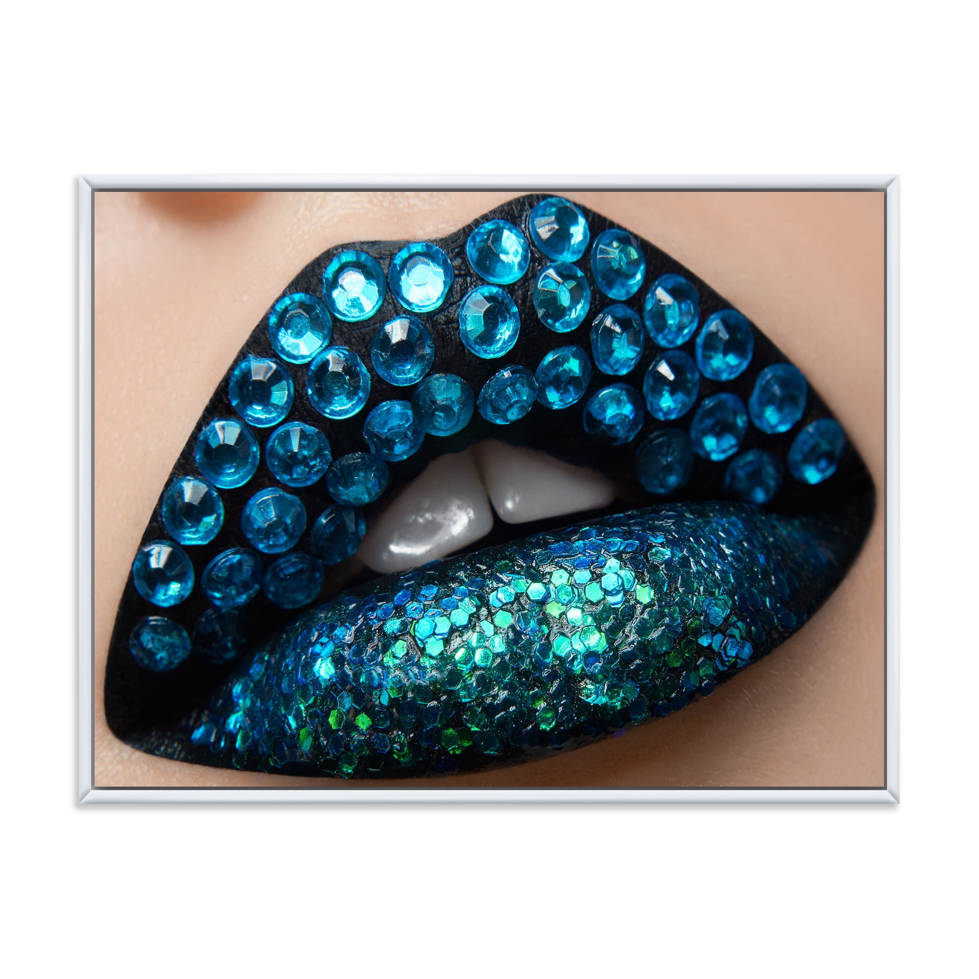 Designart 'Woman Lips With Black Lipstick Blue Diamonds' Modern Framed Canvas Wall Art Print