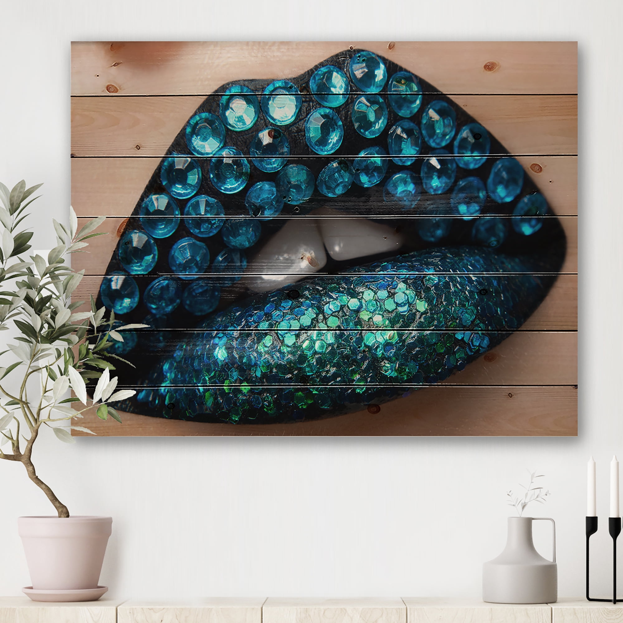 Designart 'Woman Lips With Black Lipstick Blue Diamonds' Modern Print on Natural Pine Wood