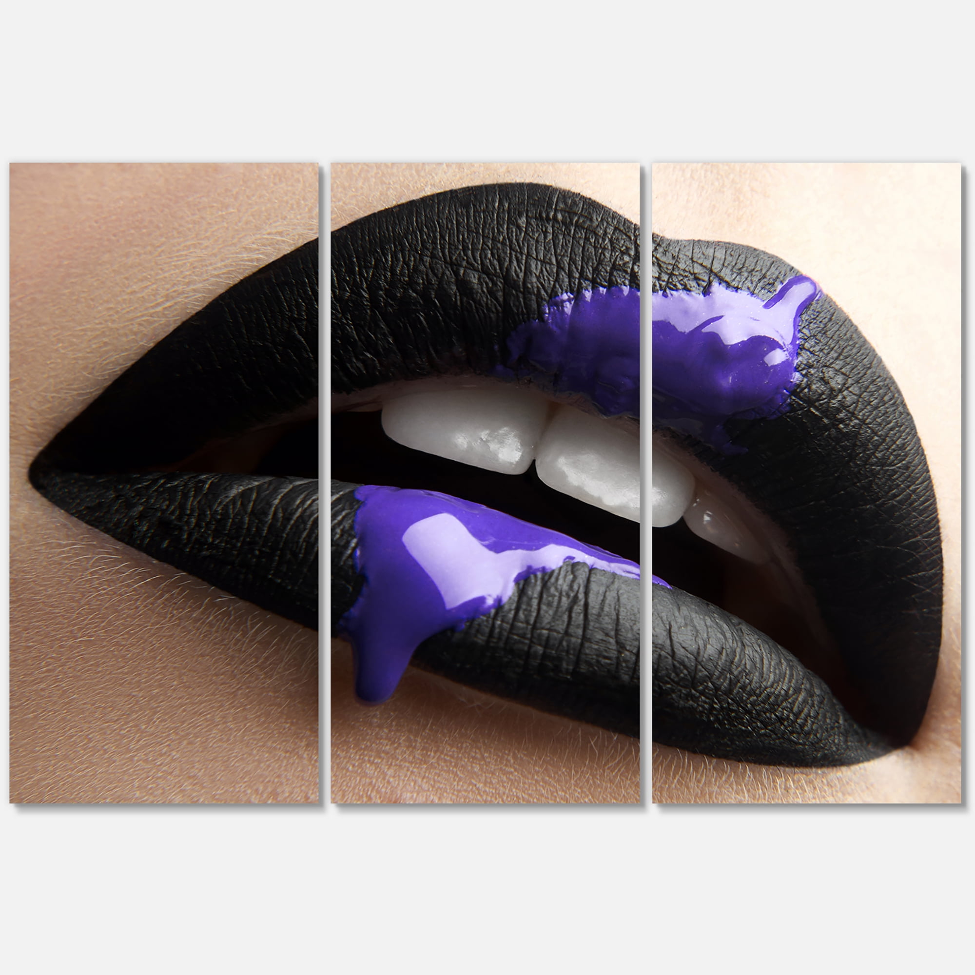 Designart ' Woman Lips With Black Lipstick & Purple Paint ' Modern Canvas Wall Art Print
