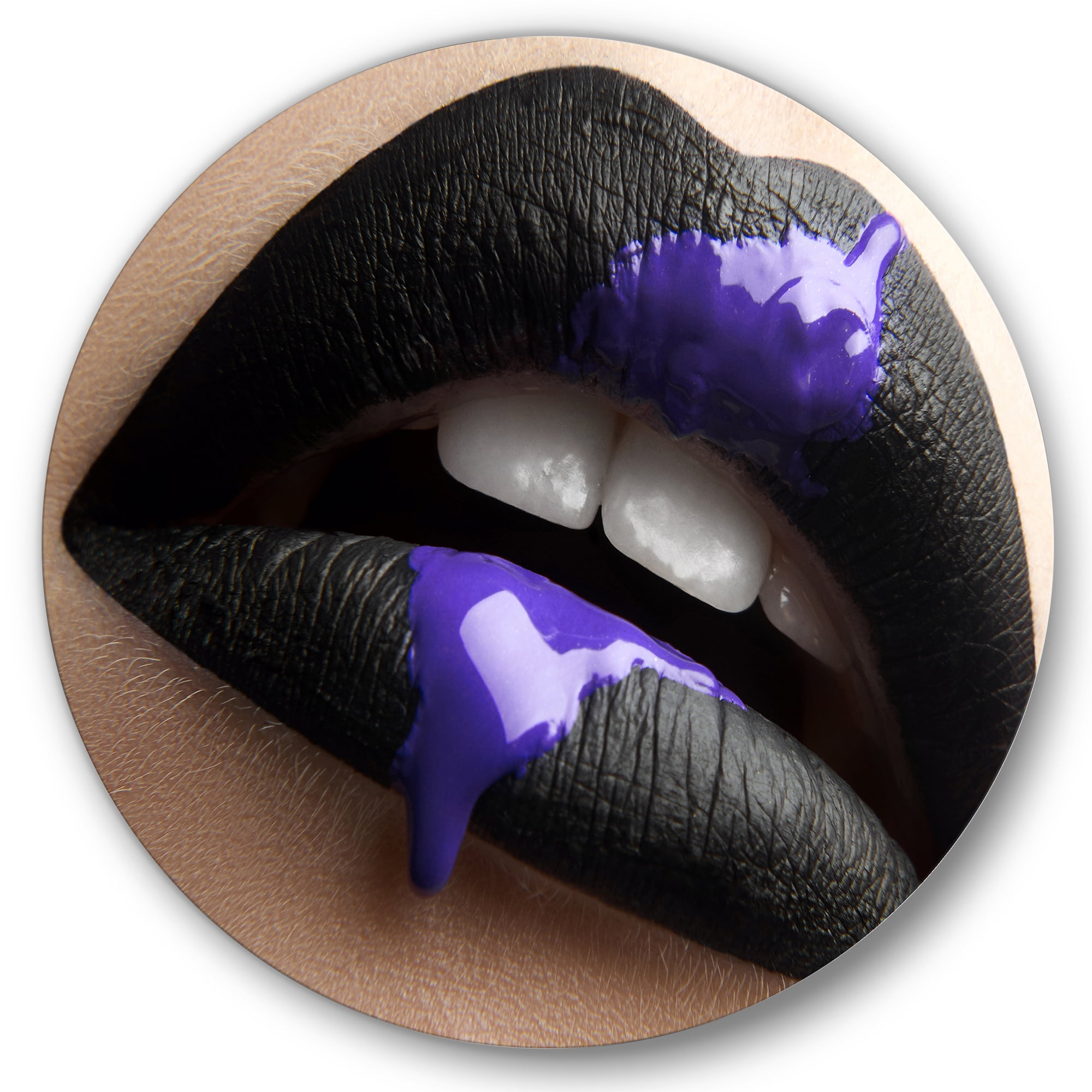 Designart 'Woman Lips With Black Lipstick & Purple Paint' Modern Circle Metal Wall Art 29x29 - Disc of 29