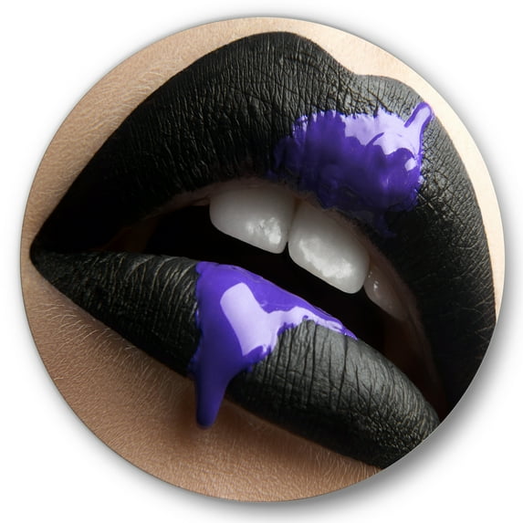 Designart 'Woman Lips With Black Lipstick & Purple Paint' Modern Circle Metal Wall Art 29x29 - Disc of 29
