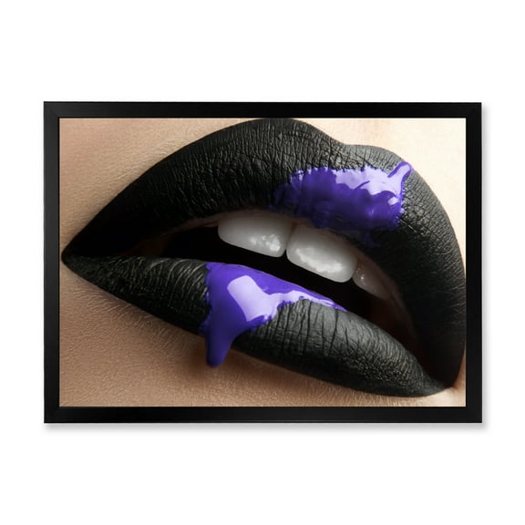 Designart 'Woman Lips With Black Lipstick & Purple Paint' Modern Framed Art Print