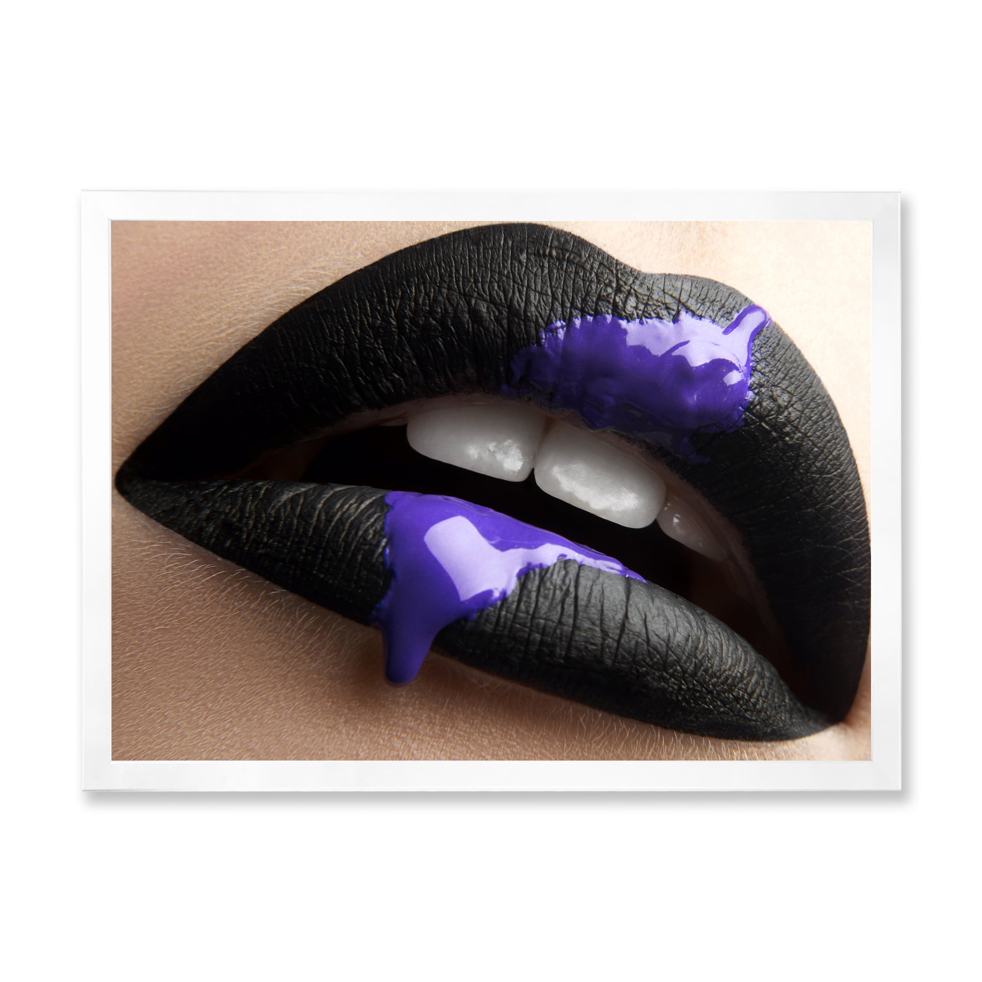 Designart 'Woman Lips With Black Lipstick & Purple Paint' Modern Framed Art Print
