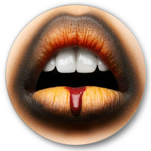 Designart 'Woman Lips With Black & Orange Lipstick' Modern Circle Metal Wall Art 23x23 - Disc of 23