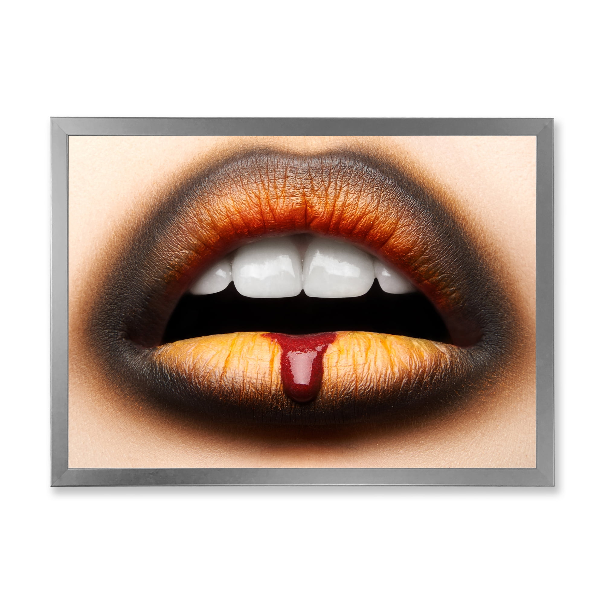 Designart 'Woman Lips With Black & Orange Lipstick' Modern Framed Art Print