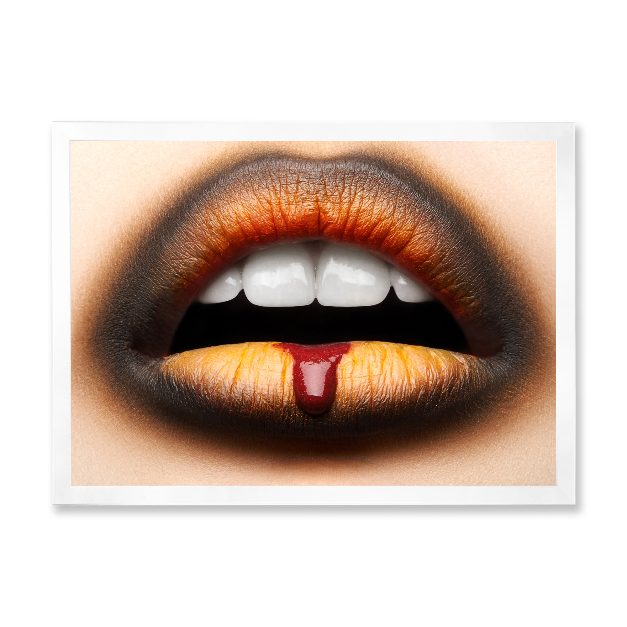 Designart 'Woman Lips With Black & Orange Lipstick' Modern Framed Art Print