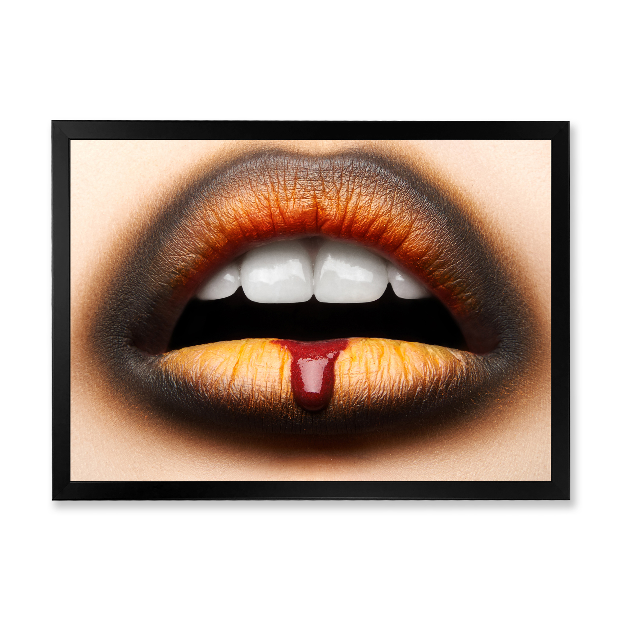 Designart 'Woman Lips With Black & Orange Lipstick' Modern Framed Art Print