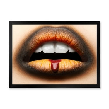 Designart 'Woman Lips With Black & Orange Lipstick' Modern Framed Art Print
