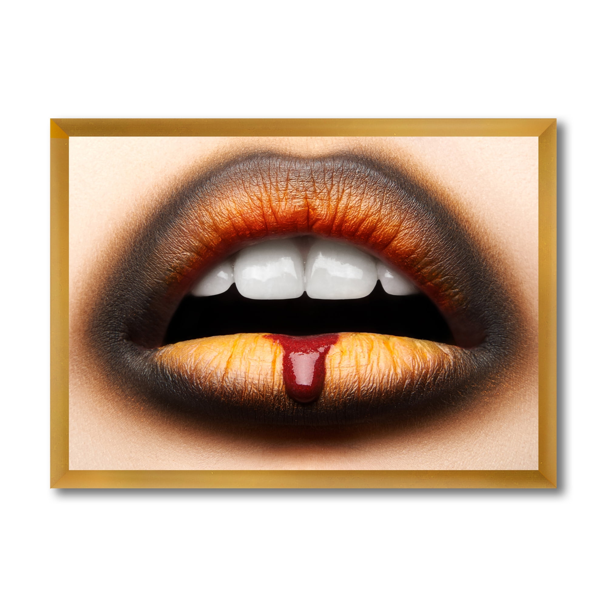 Designart 'Woman Lips With Black & Orange Lipstick' Modern Framed Art Print