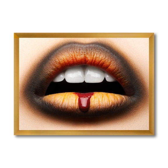Designart 'Woman Lips With Black & Orange Lipstick' Modern Framed Art Print