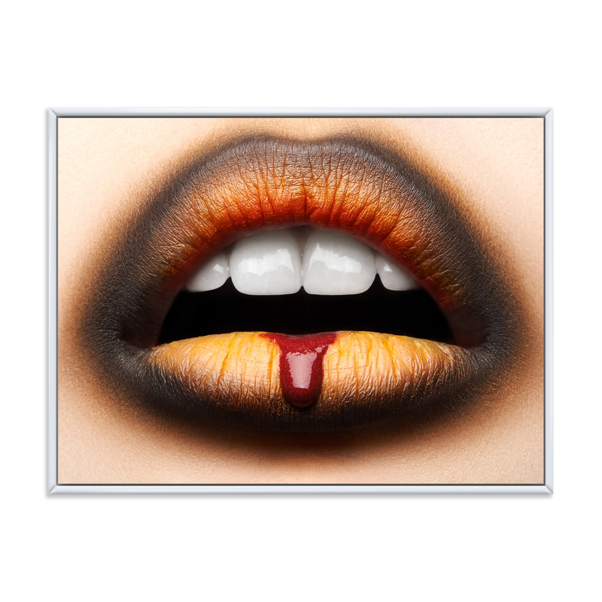 Designart 'Woman Lips With Black & Orange Lipstick' Modern Framed Canvas Wall Art Print