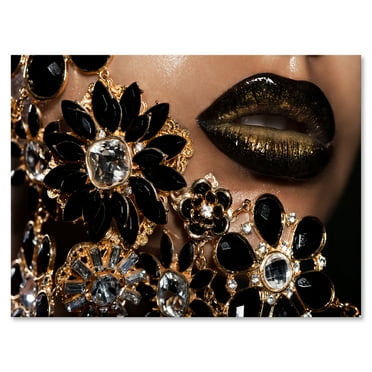 Designart ' Woman Lips With Golden Jewelry ' Modern Canvas Wall Art Print