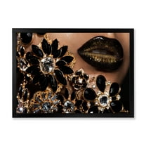 Designart 'Woman Lips With Golden Jewelry' Modern Framed Art Print